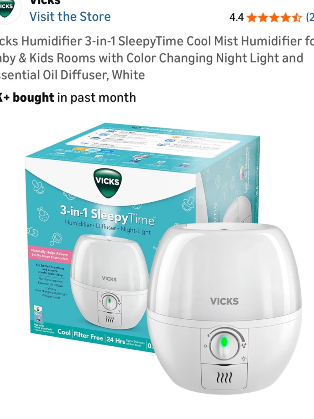 NIB Vicks Humidifier Sleepytime 3-in-1 Mist Humidifier Baby Kid with Night Light